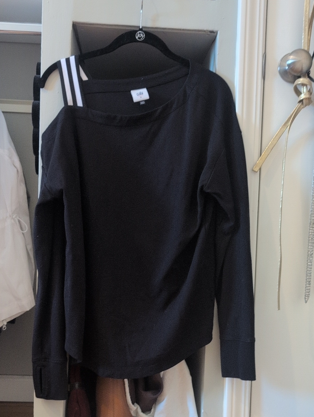 cabi Black Off-Shoulder Stripe Strap Sweatshirt